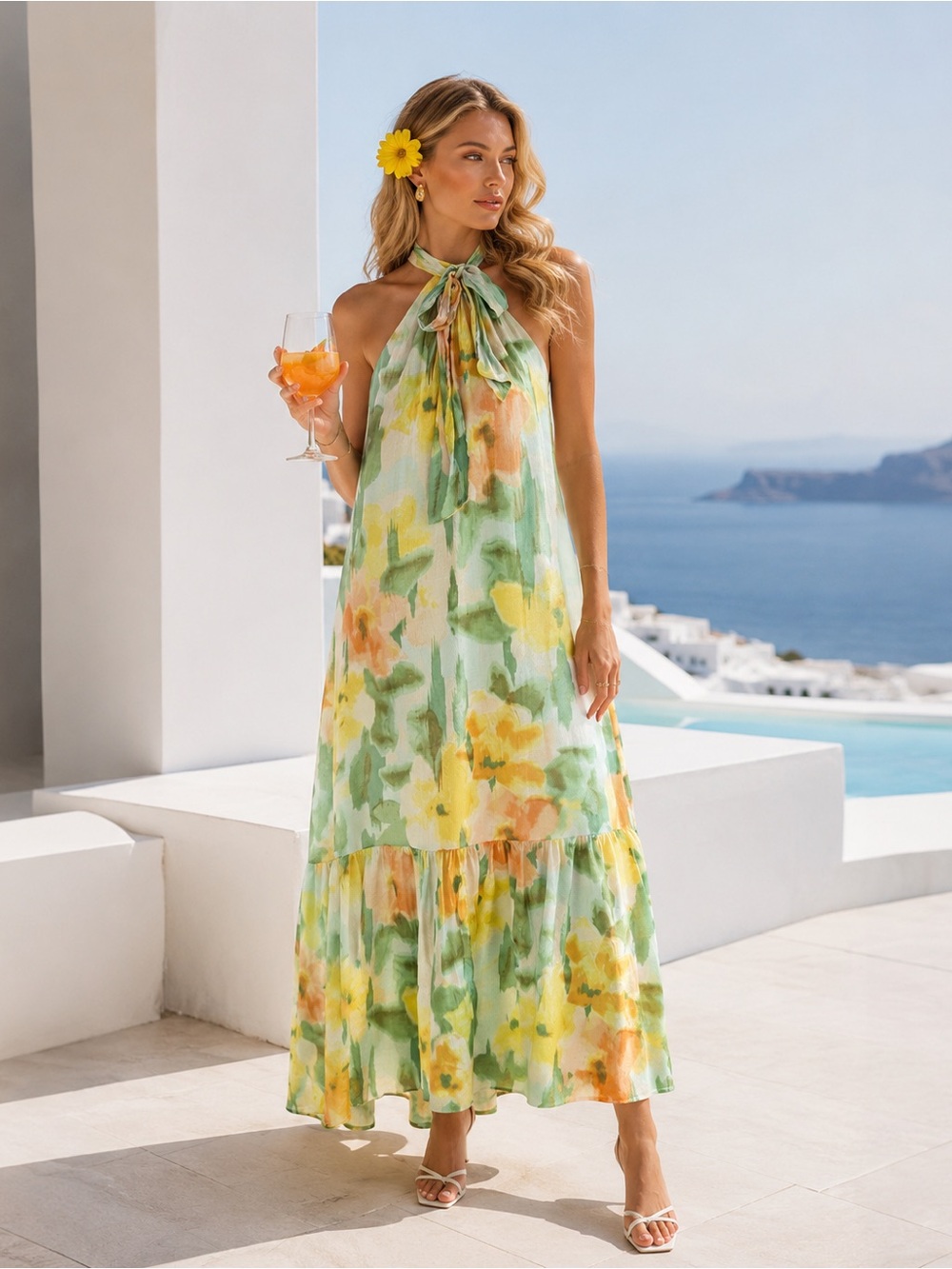 1.STATE Green Yellow Floral Halter Dress Size Small